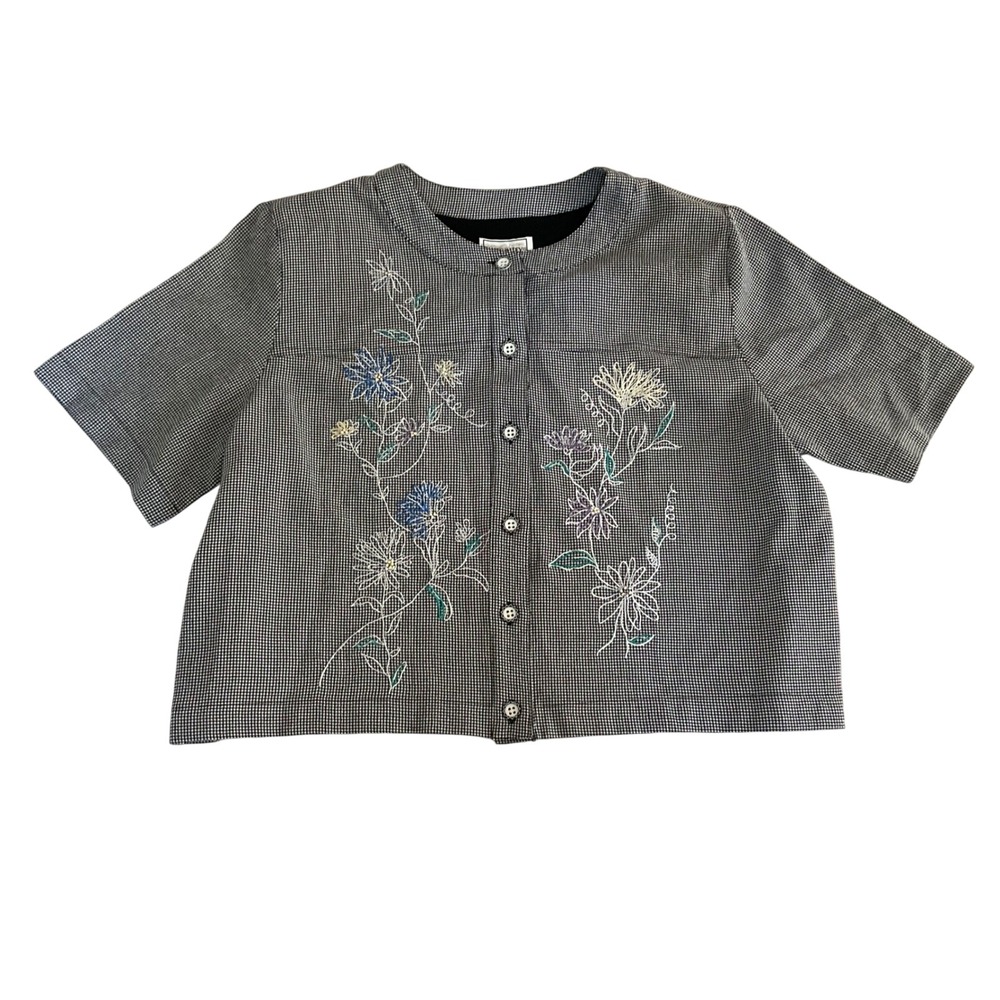 Napa Valley Petites Button Down Vintage Top Women L Gingham Floral Embroidered